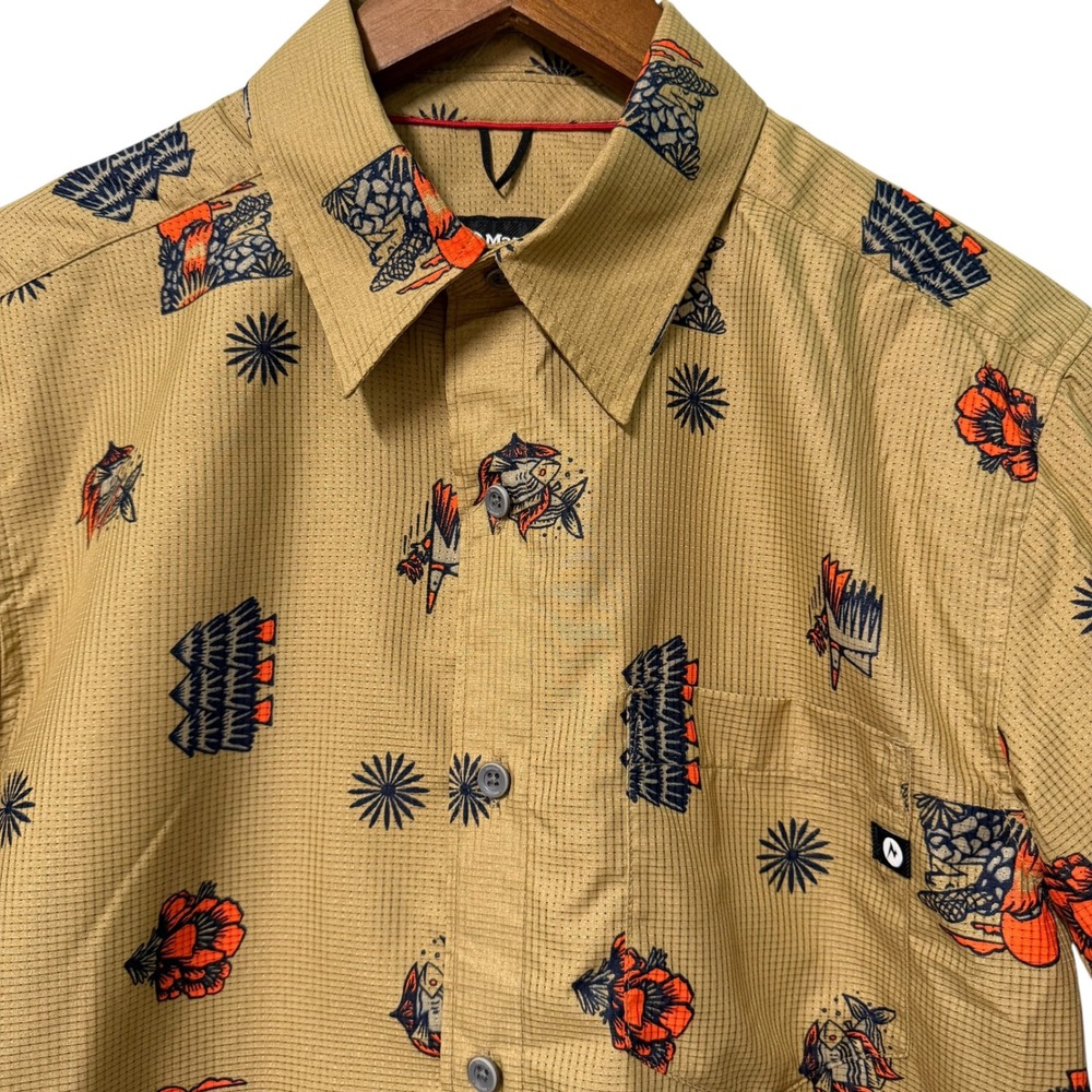 Marmot Button Down Shirt Mens S Tan Graphic Print Short Sleeve 42170 Hiking